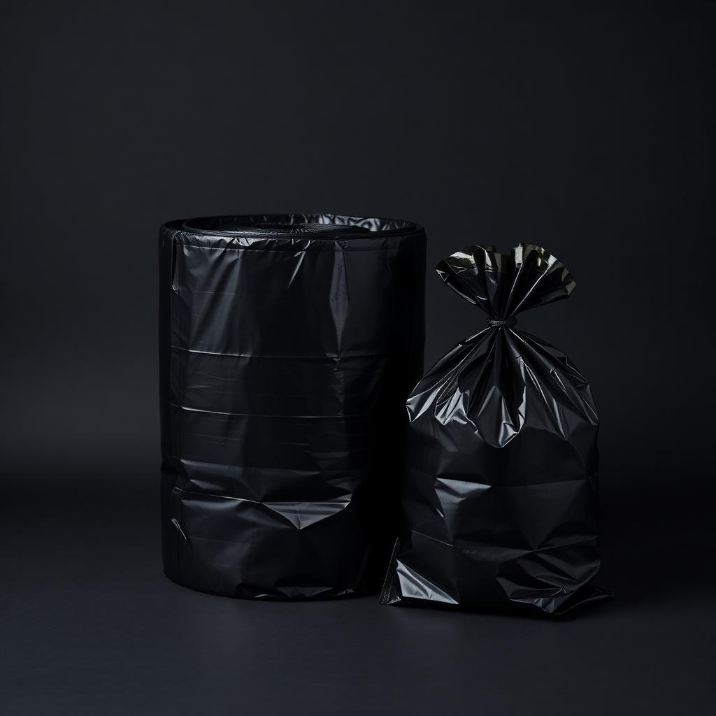 Roll of black polyethylene bin liners next to a tied refuse bag