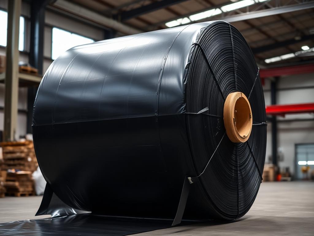 Large roll of heavy-duty black polyethylene sheeting in a warehouse