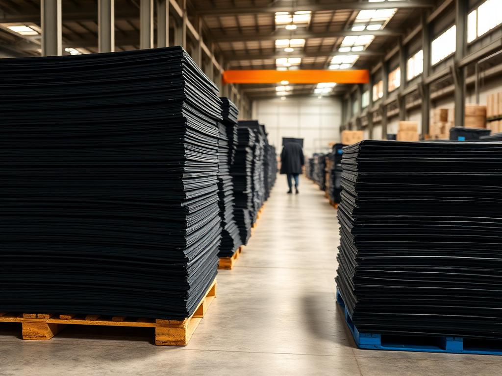 Stacks of black polyethylene sheets on pallets in a factory warehouse