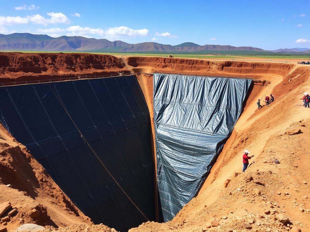 Workers installing a large black polyethylene dam liner in an earth reservoir