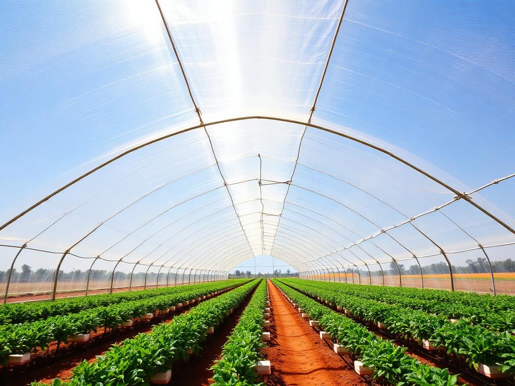 Commercial greenhouse covered with clear polyethylene film over rows of crops