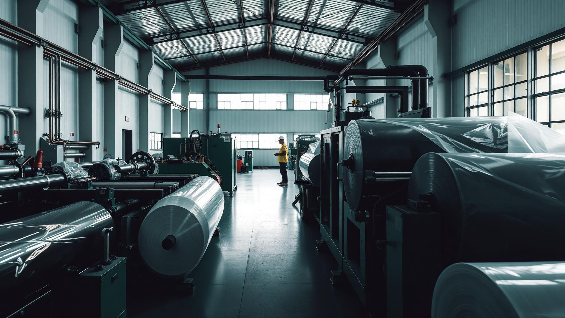 Polyethylene film manufacturing machinery and rolls inside the Marashe Plastics factory