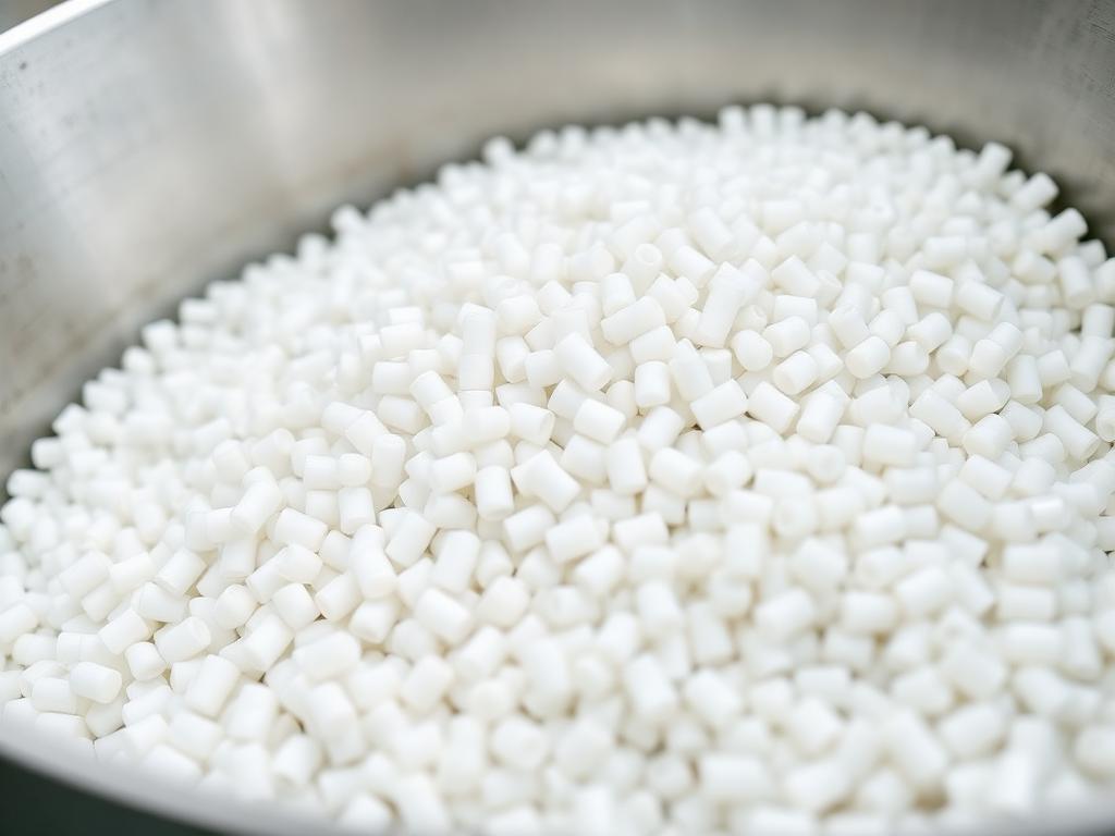 White polyethylene plastic resin pellets in an industrial hopper