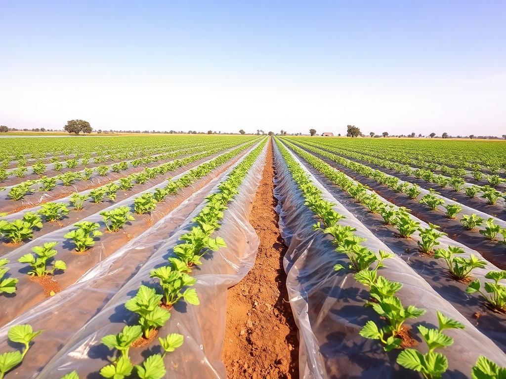 Polyethylene sheeting covering rows of young crops on a farm