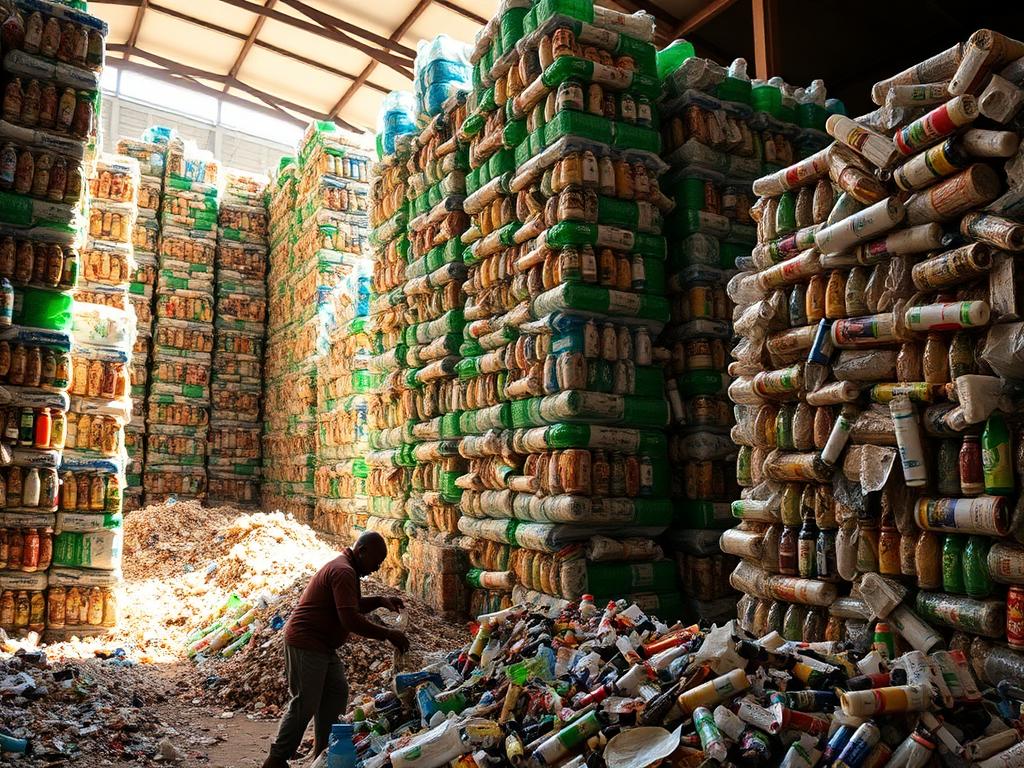 Bales of compressed recycled plastic stacked at a recycling facility