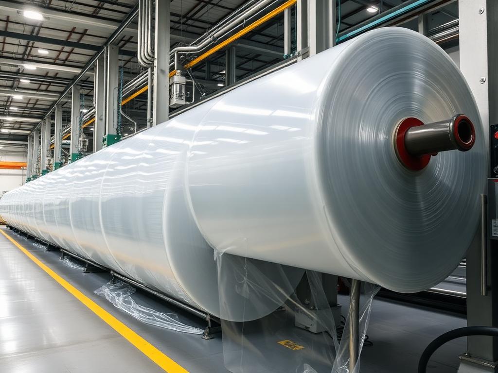 Large roll of clear polyethylene film on a factory production line